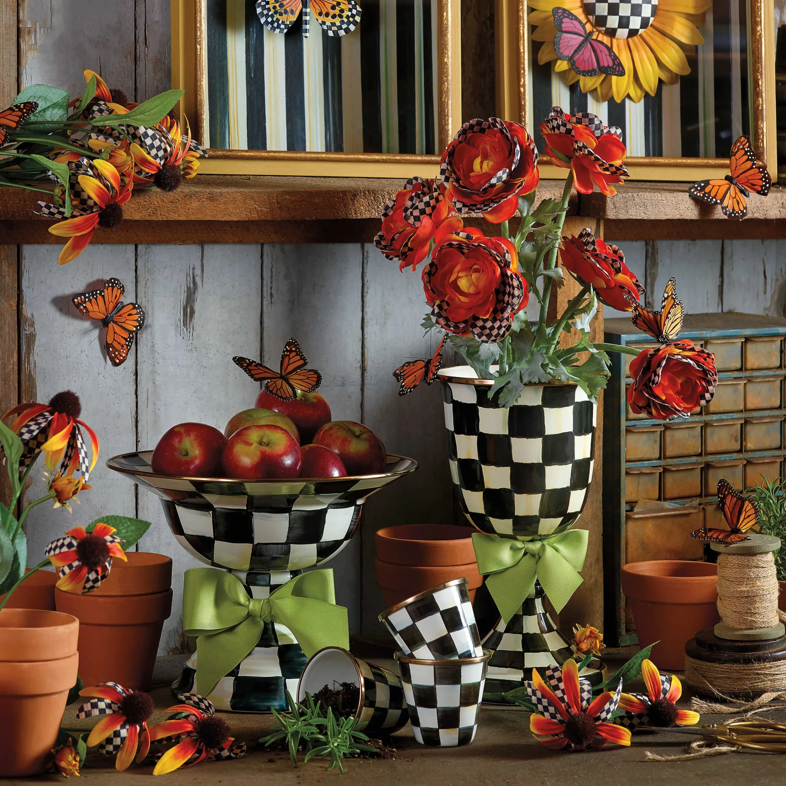 MacKenzie-Childs Courtly Check Enamel Pedestal Vase - Green Bow* Room Accents