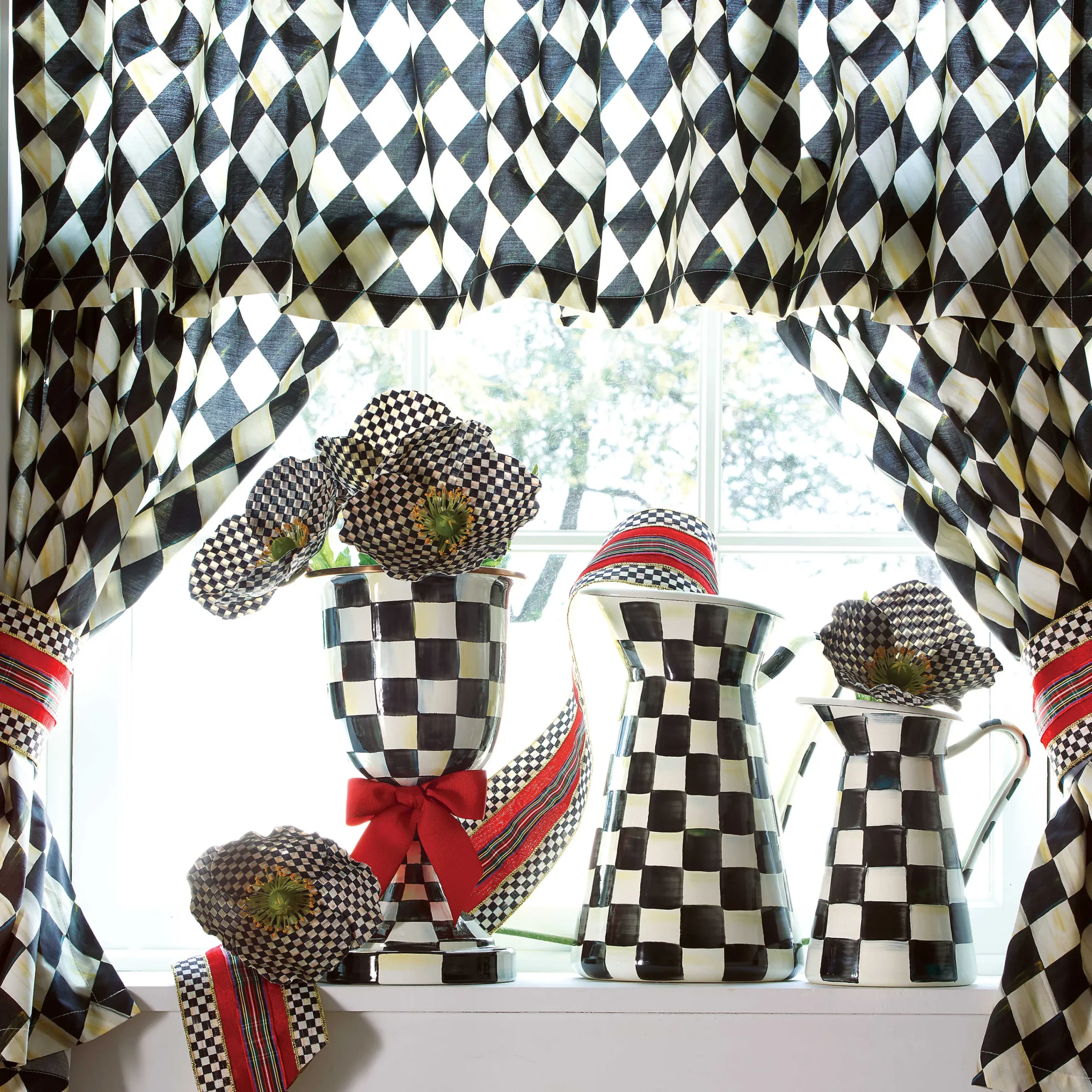 MacKenzie-Childs Courtly Check Enamel Pedestal Vase - Red Bow* Room Accents