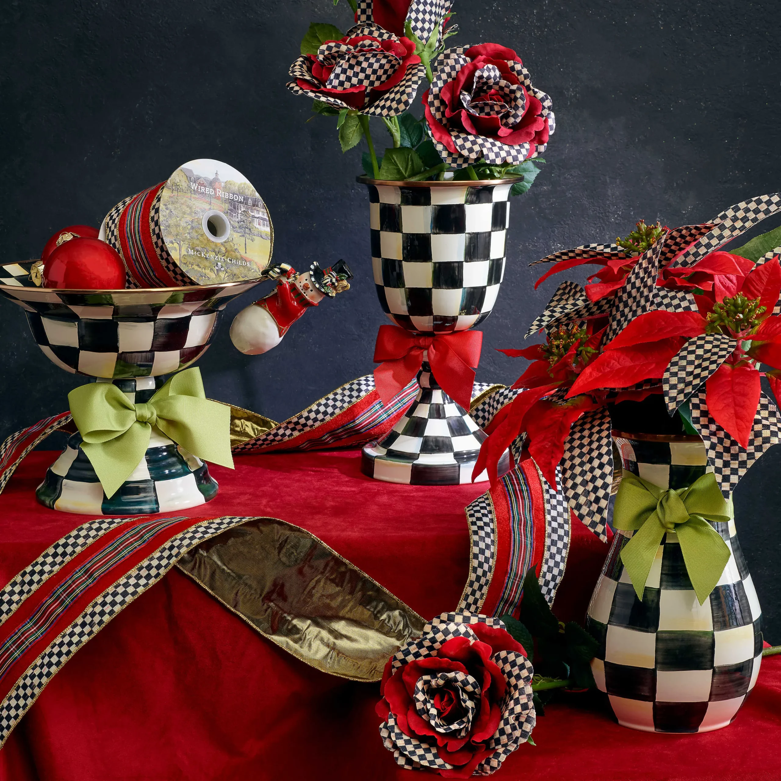 MacKenzie-Childs Courtly Check Enamel Pedestal Vase - Red Bow* Room Accents