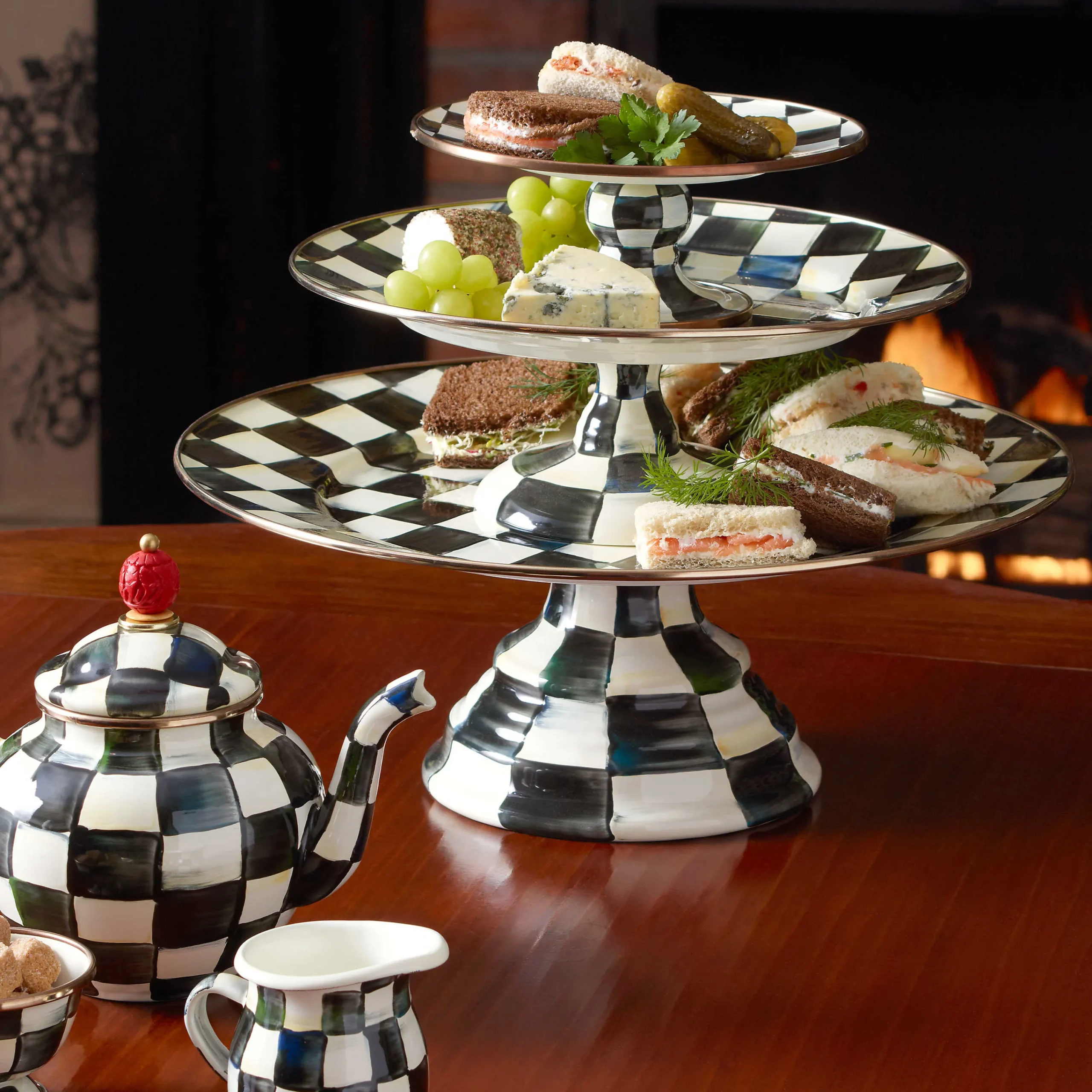 MacKenzie-Childs Courtly Check Enamel Pedestal Platter - Small* Outdoor Entertaining