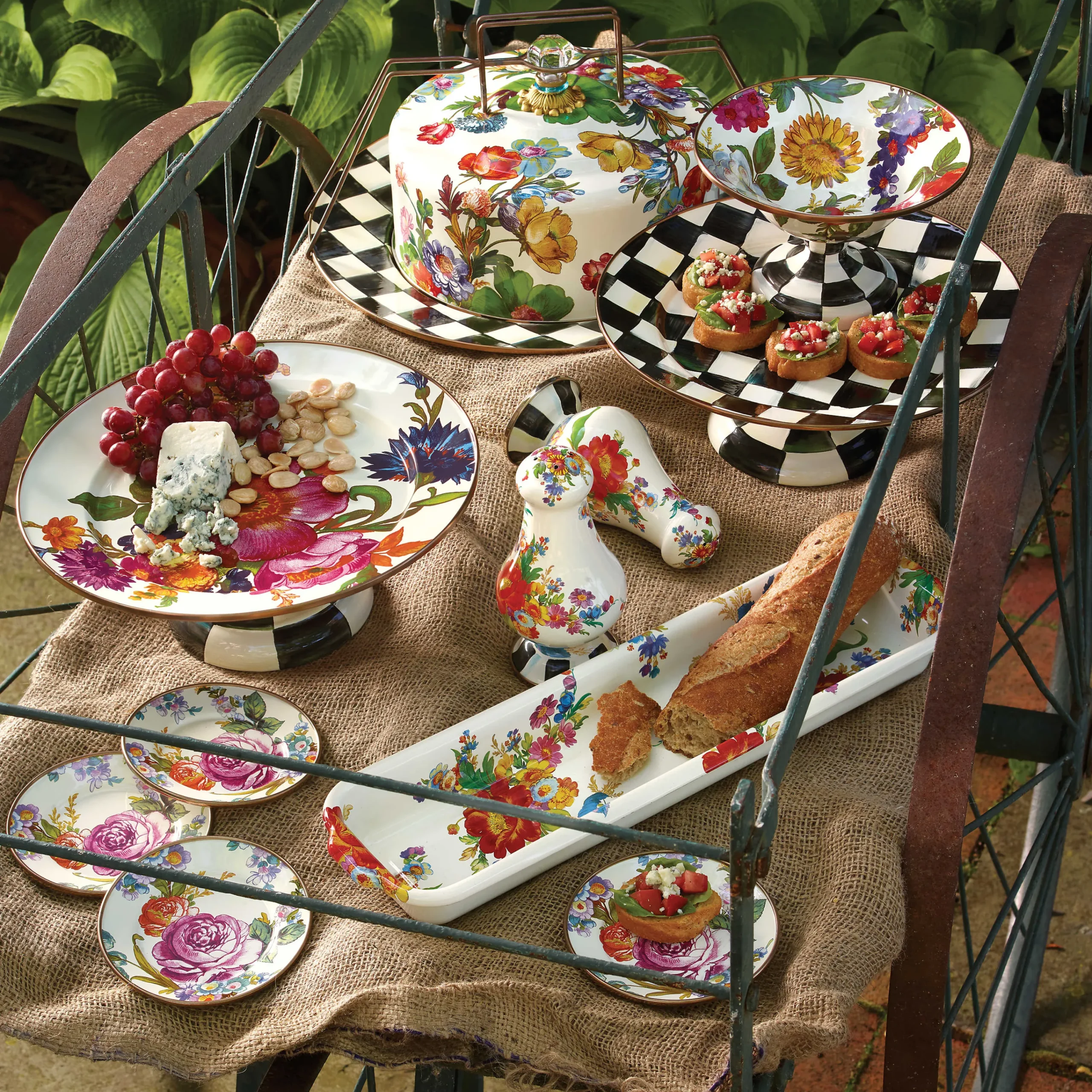 MacKenzie-Childs Courtly Check Enamel Pedestal Platter - Small* Outdoor Entertaining