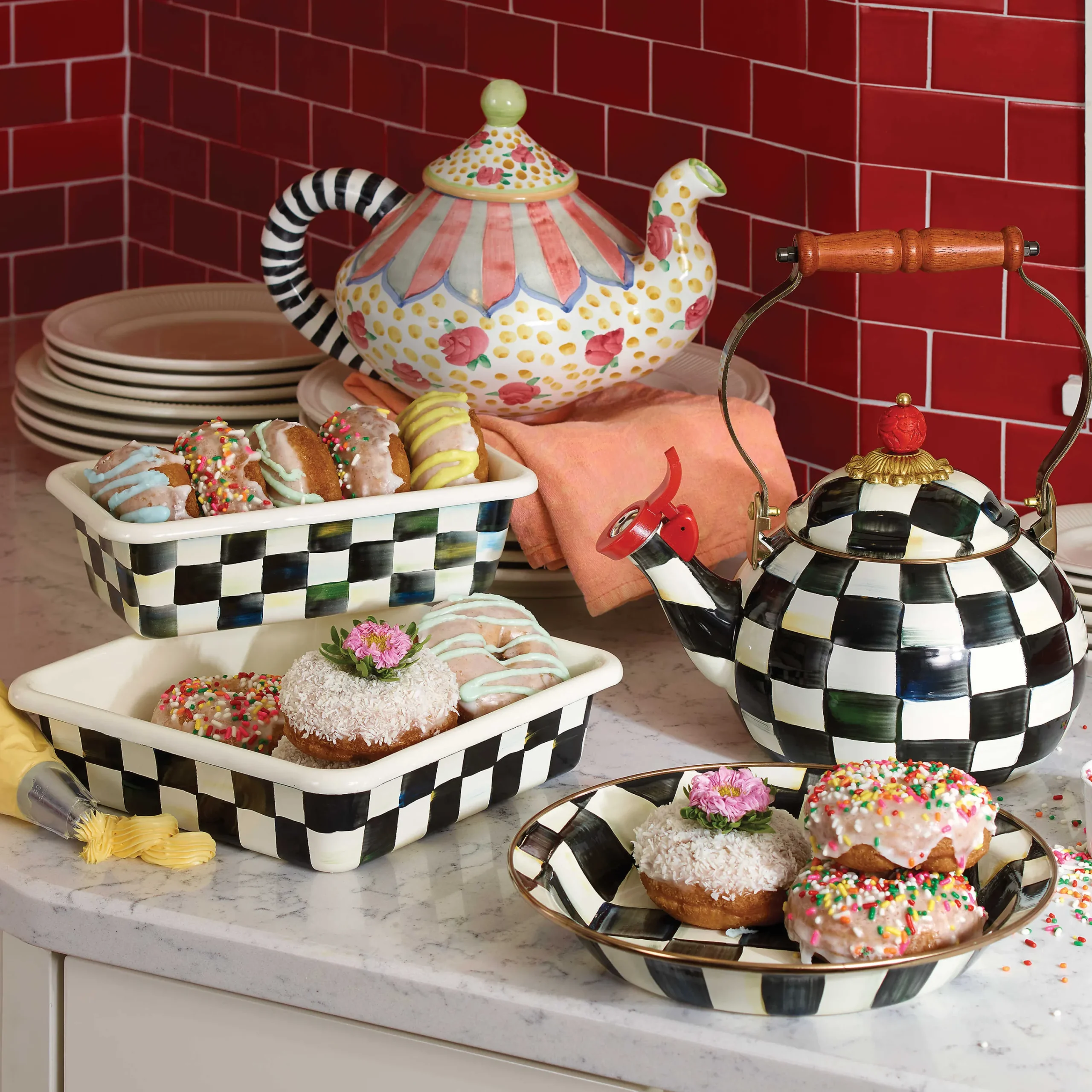 MacKenzie-Childs Courtly Check Enamel Whistling Tea Kettle* Tea Kettles