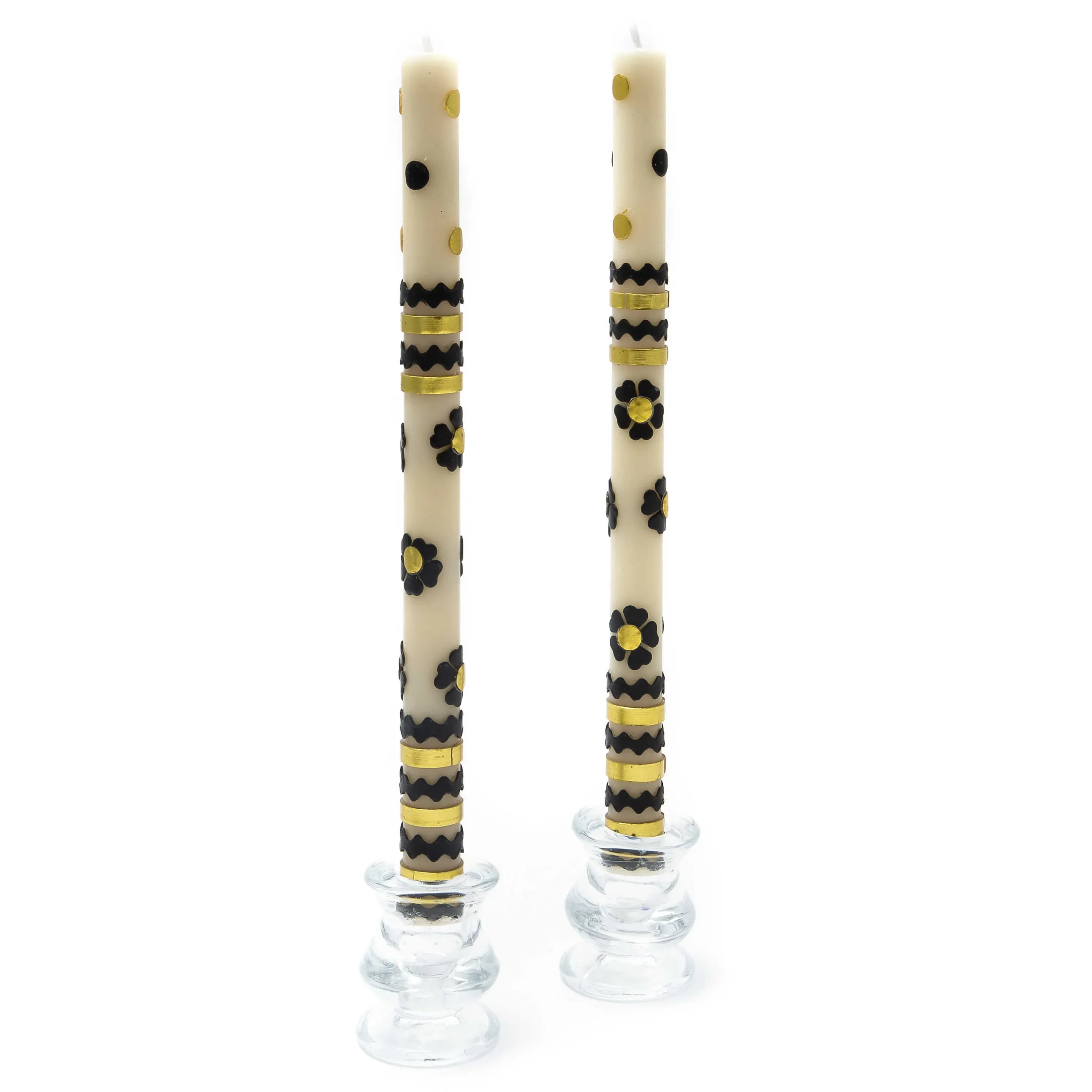 MacKenzie-Childs Mod Flower Dinner Candles - Black & Gold Rick Rack - Set Of 2* Candles & Fragrances