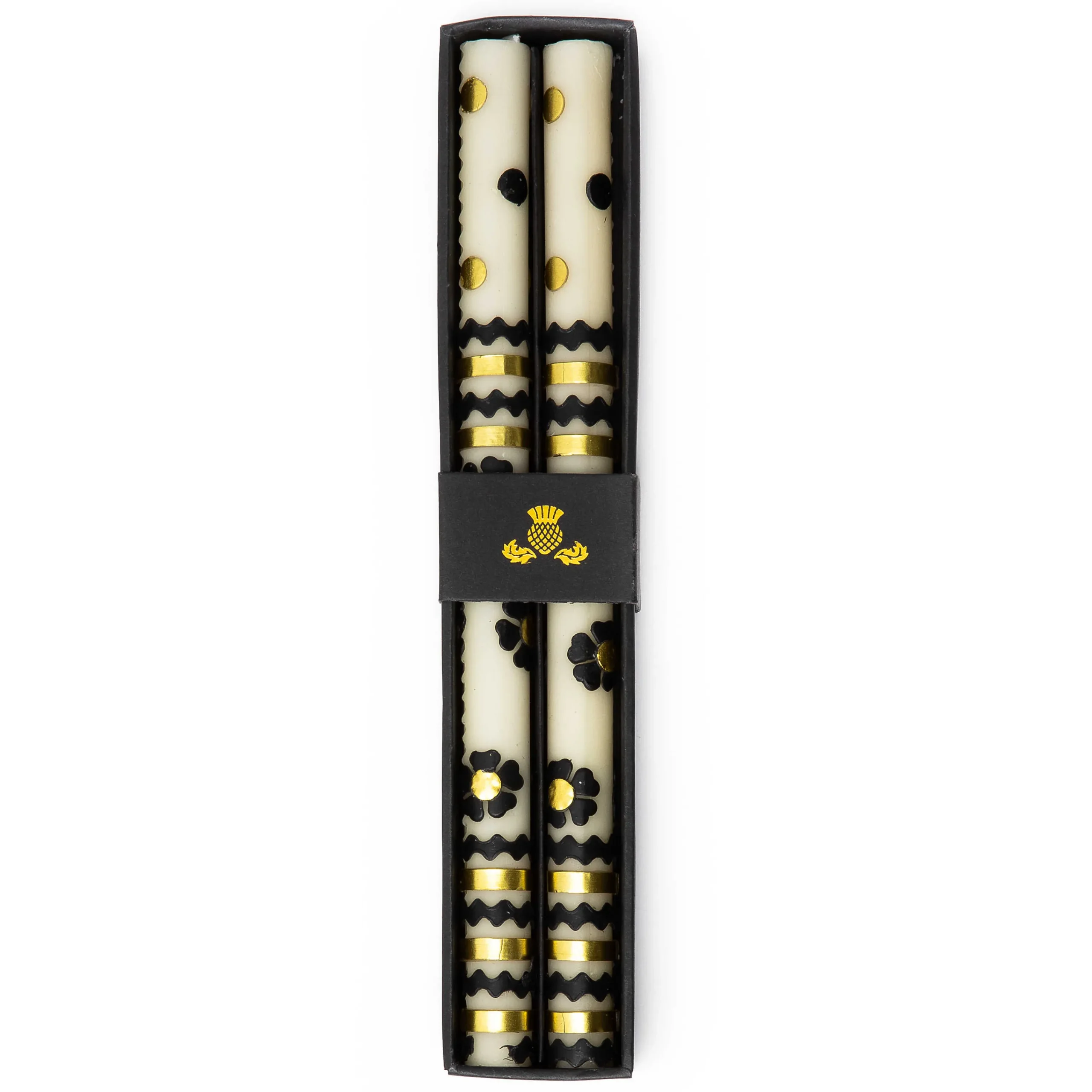 MacKenzie-Childs Mod Flower Dinner Candles - Black & Gold Rick Rack - Set Of 2* Candles & Fragrances
