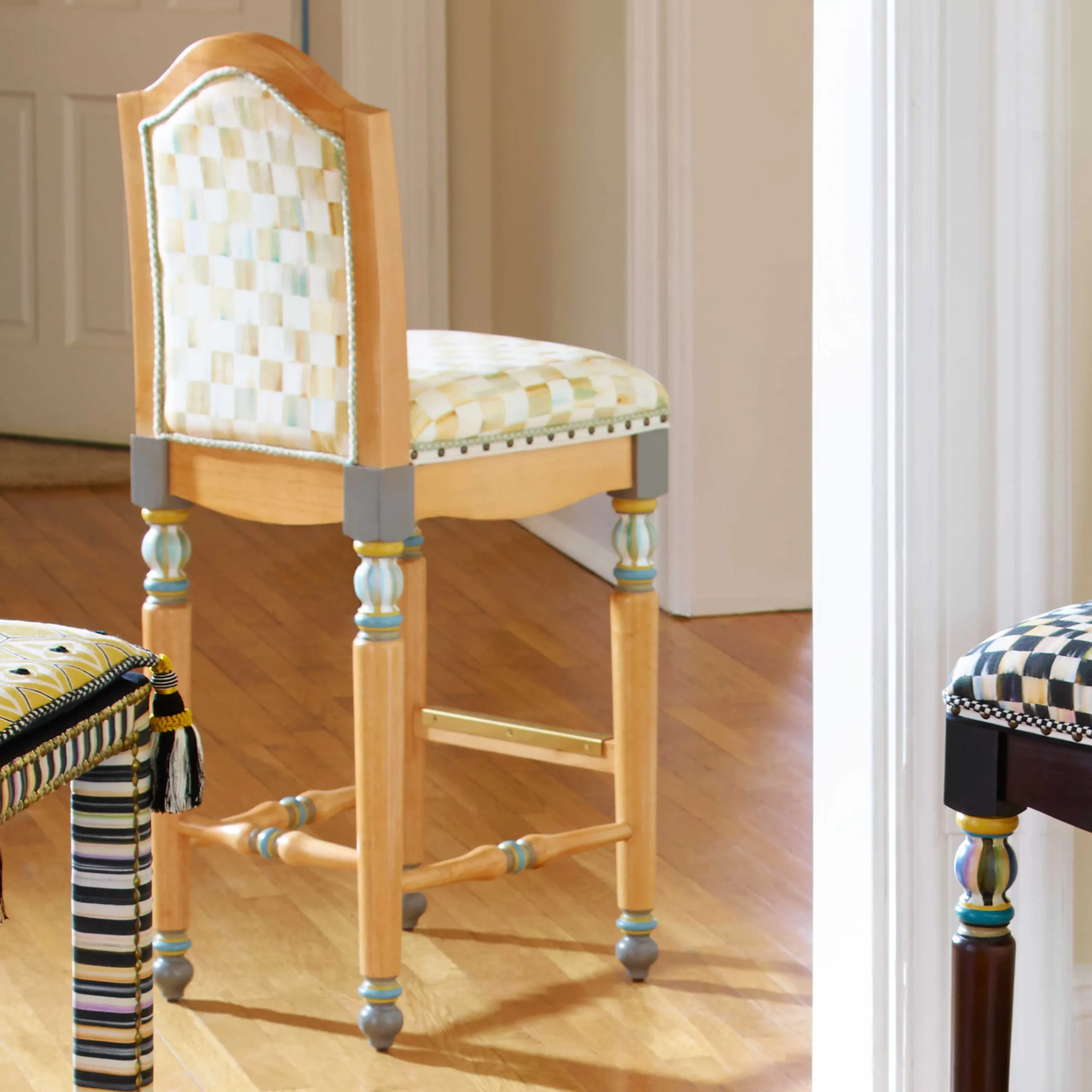 MacKenzie-Childs Parchment Check Underpinnings Bar Stool With Back* Dining Room & Kitchen