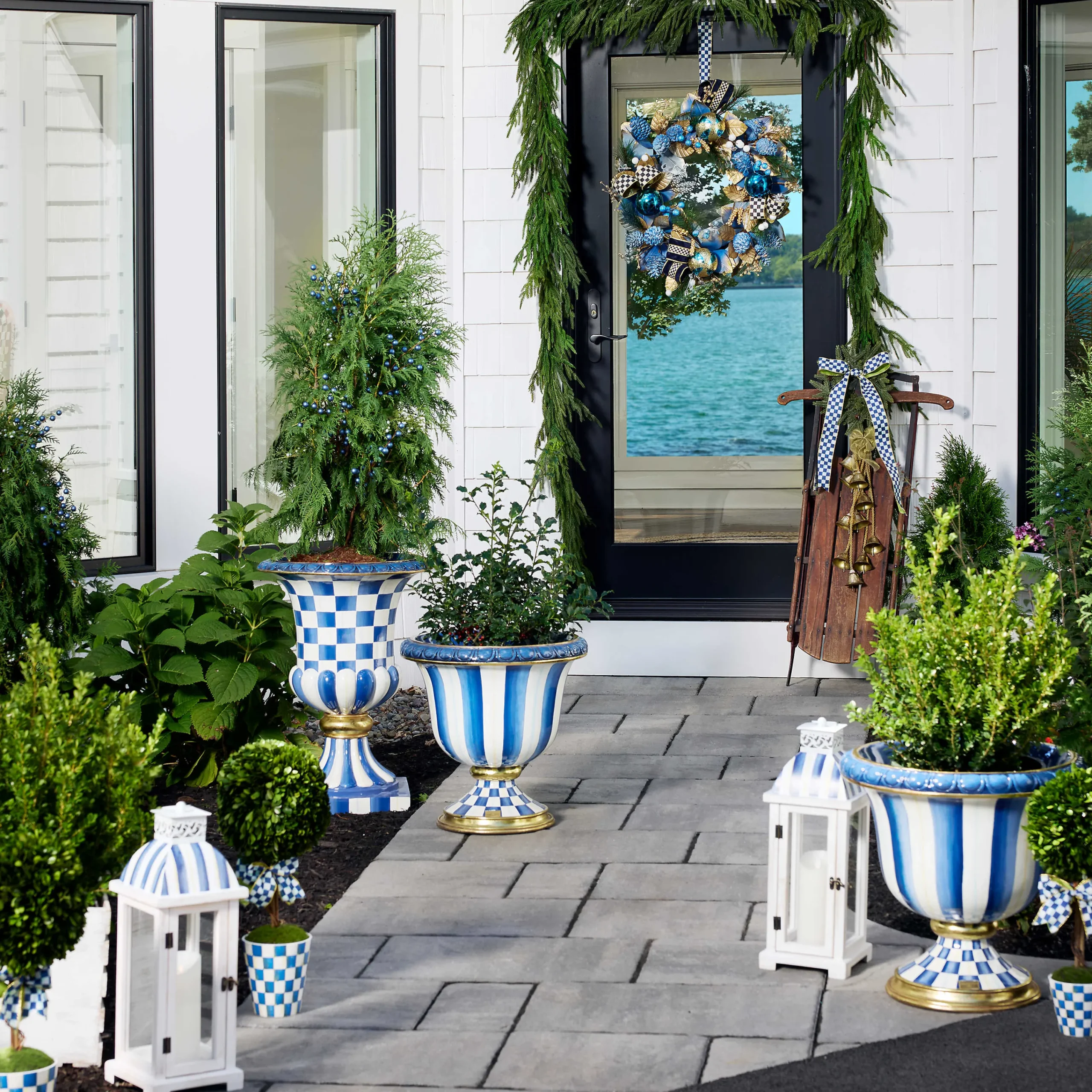 MacKenzie-Childs Royal Check Pedestal Urn* Pots & Planters